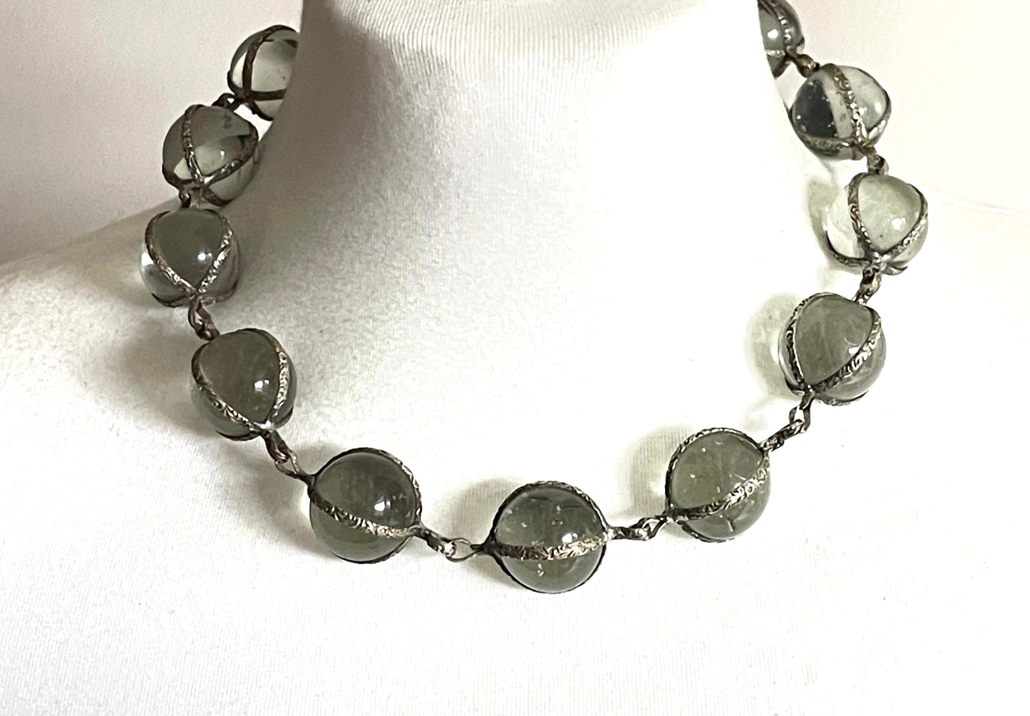 Unusual antique 'pools of light' STYLE choker necklace with undrilled GLASS orbs in ornate, but rustic silver tone settings with subtle gilt