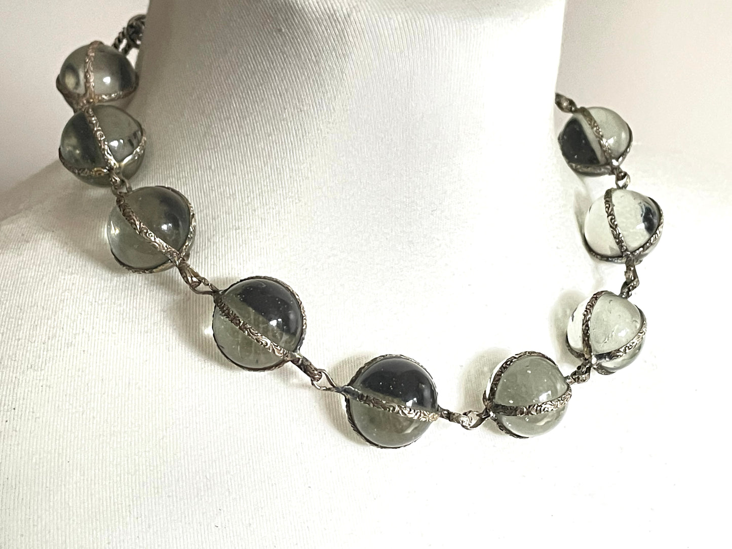 Unusual antique 'pools of light' STYLE choker necklace with undrilled GLASS orbs in ornate, but rustic silver tone settings with subtle gilt