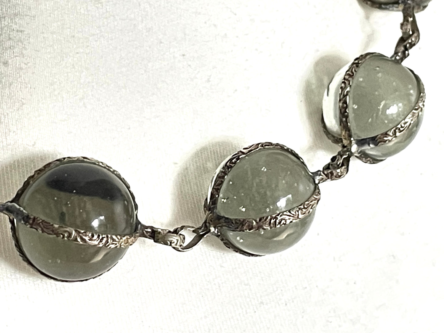Unusual antique 'pools of light' STYLE choker necklace with undrilled GLASS orbs in ornate, but rustic silver tone settings with subtle gilt