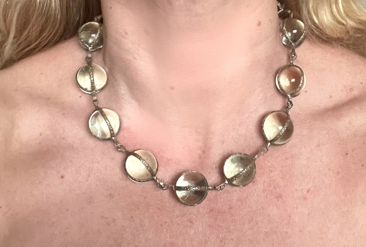 Unusual antique 'pools of light' STYLE choker necklace with undrilled GLASS orbs in ornate, but rustic silver tone settings with subtle gilt