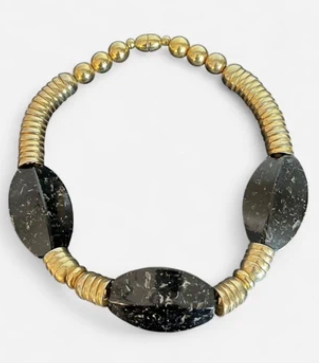 Vintage Jakob Bengel Art Deco 1930s machine age collar necklace with gold tone stacked cup beads and huge black, sparkly galalith beads