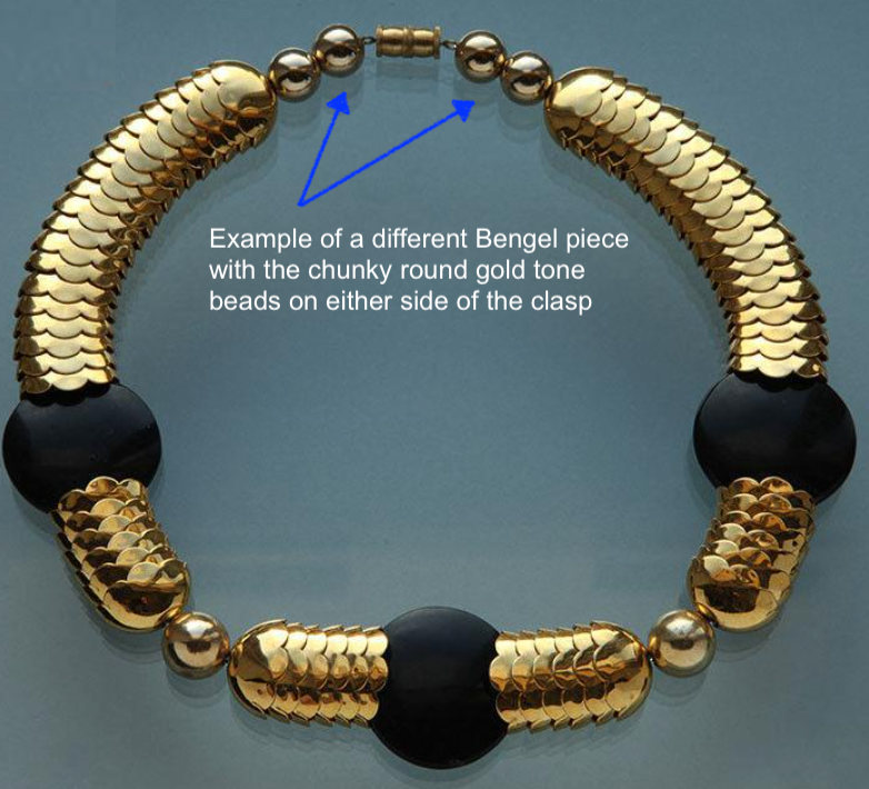 Vintage Jakob Bengel Art Deco 1930s machine age collar necklace with gold tone stacked cup beads and huge black, sparkly galalith beads