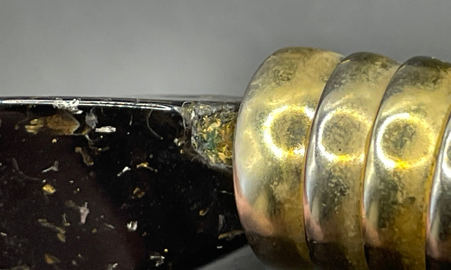 Vintage Jakob Bengel Art Deco 1930s machine age collar necklace with gold tone stacked cup beads and huge black, sparkly galalith beads