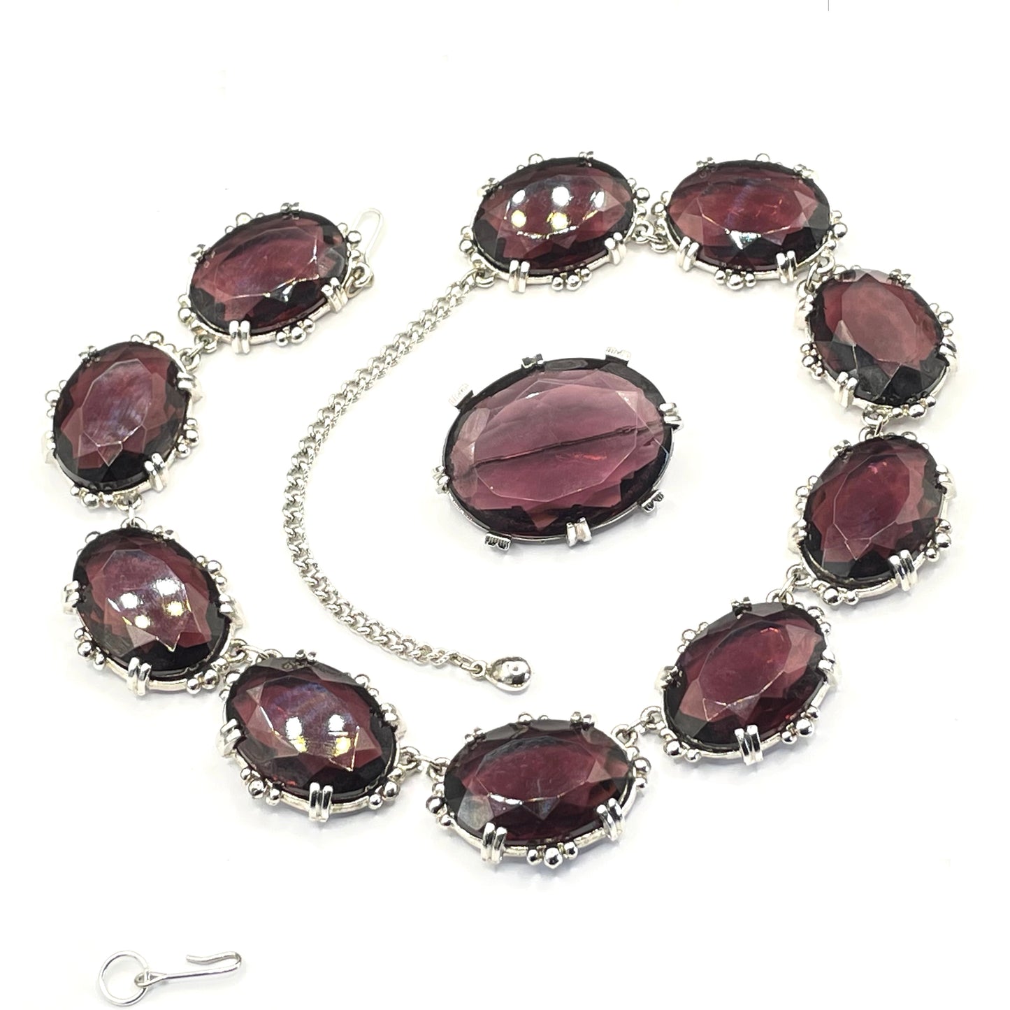 Vintage Sphinx amethyst purple glass riviere necklace & removable brooch / pendant, bezel set, open-backed rhinestones in ornate silver tone settings