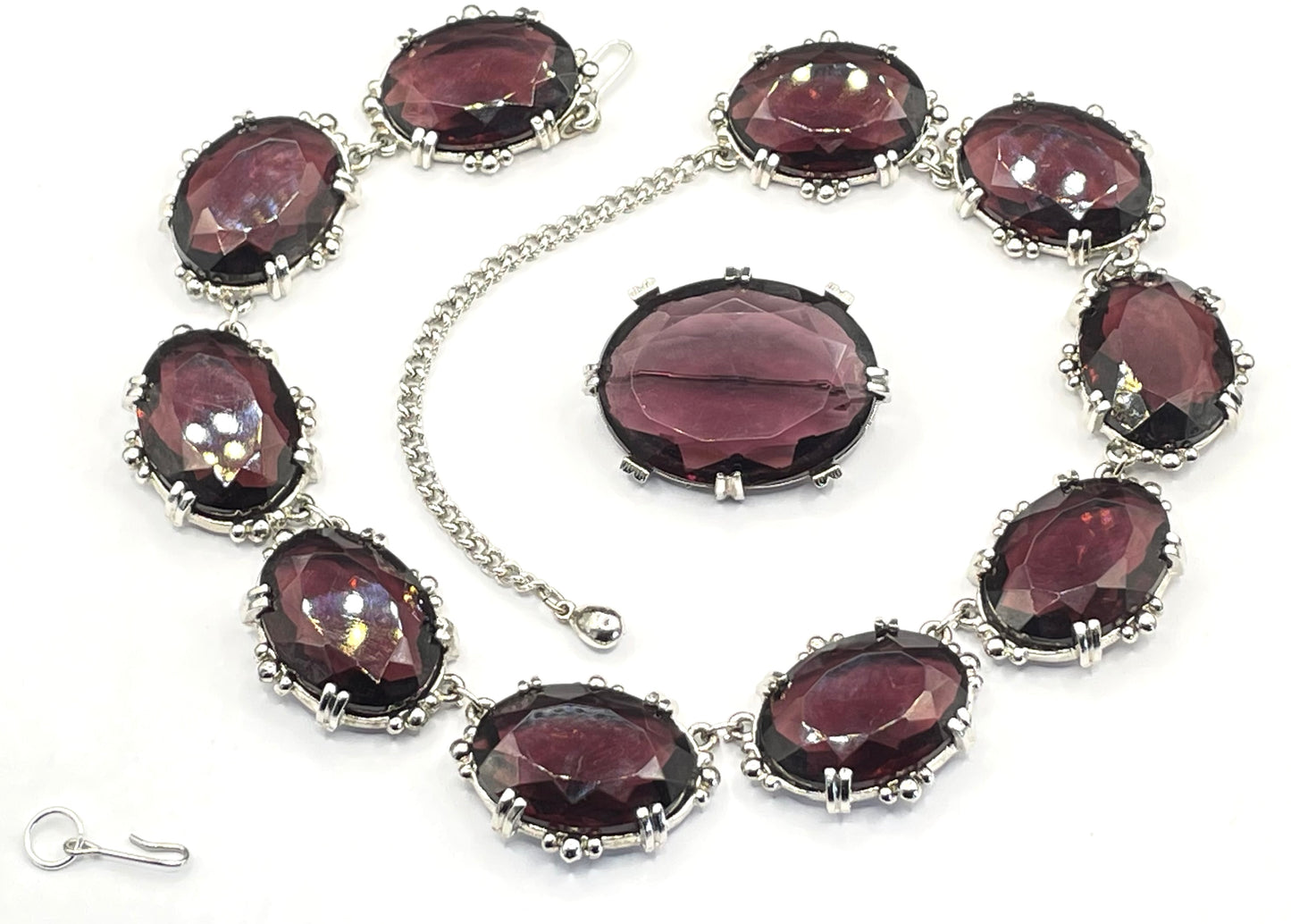 Vintage Sphinx amethyst purple glass riviere necklace & removable brooch / pendant, bezel set, open-backed rhinestones in ornate silver tone settings