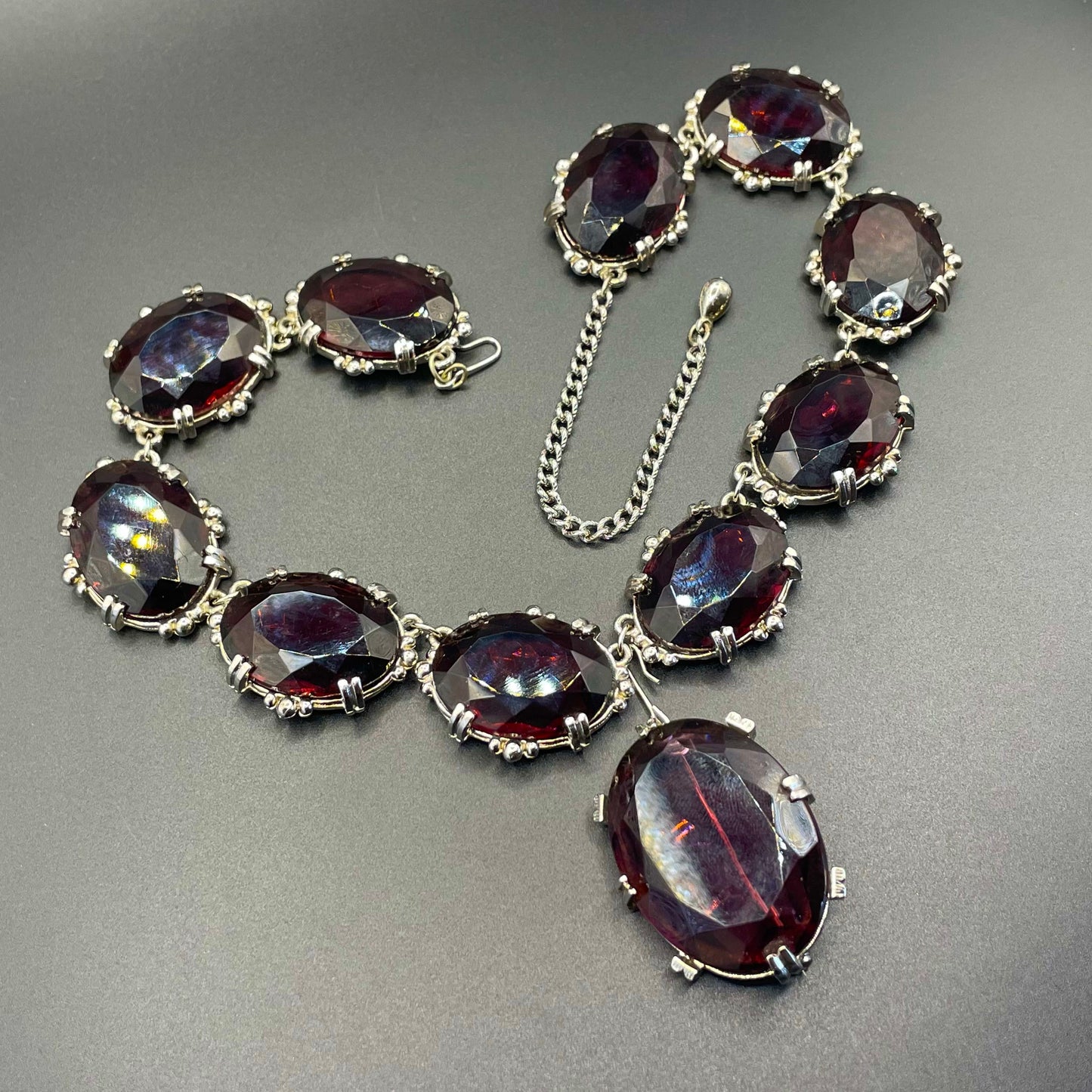 Vintage Sphinx amethyst purple glass riviere necklace & removable brooch / pendant, bezel set, open-backed rhinestones in ornate silver tone settings