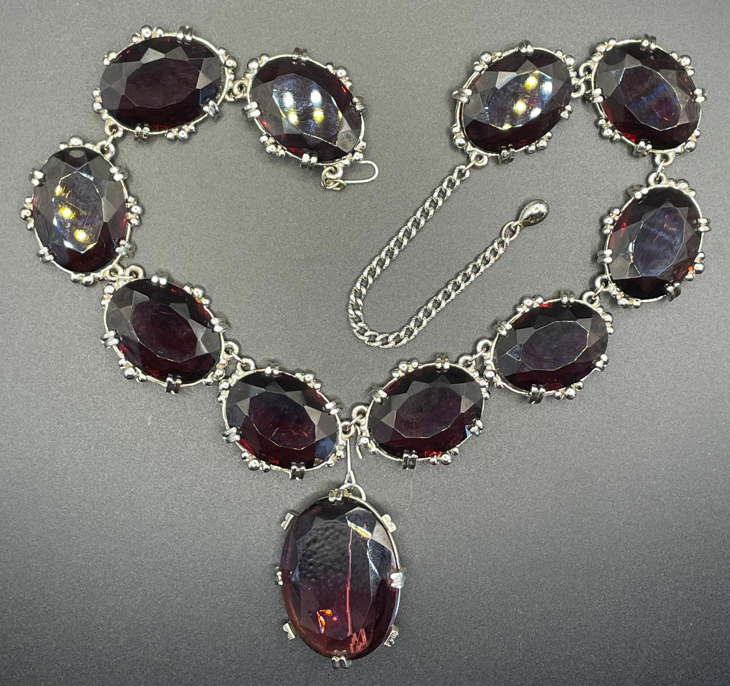 Vintage Sphinx amethyst purple glass riviere necklace & removable brooch / pendant, bezel set, open-backed rhinestones in ornate silver tone settings