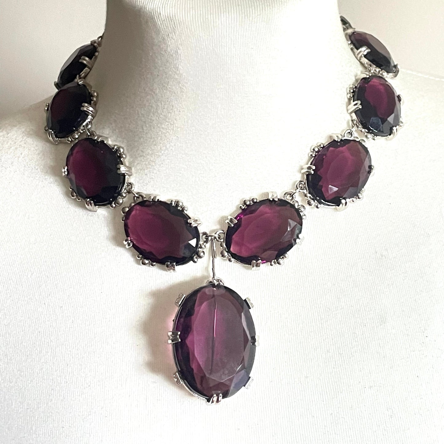 Vintage Sphinx amethyst purple glass riviere necklace & removable brooch / pendant, bezel set, open-backed rhinestones in ornate silver tone settings