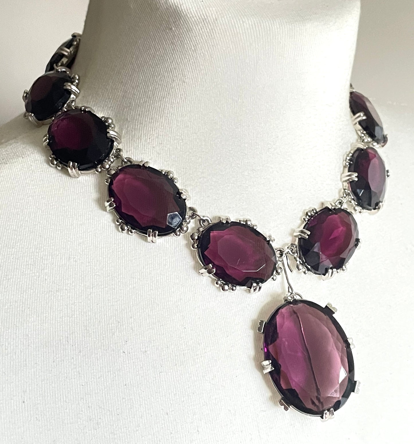 Vintage Sphinx amethyst purple glass riviere necklace & removable brooch / pendant, bezel set, open-backed rhinestones in ornate silver tone settings