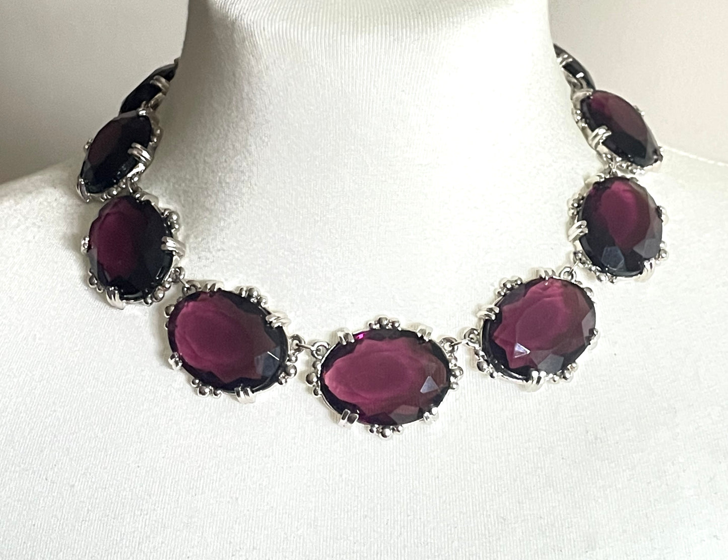 Vintage Sphinx amethyst purple glass riviere necklace & removable brooch / pendant, bezel set, open-backed rhinestones in ornate silver tone settings