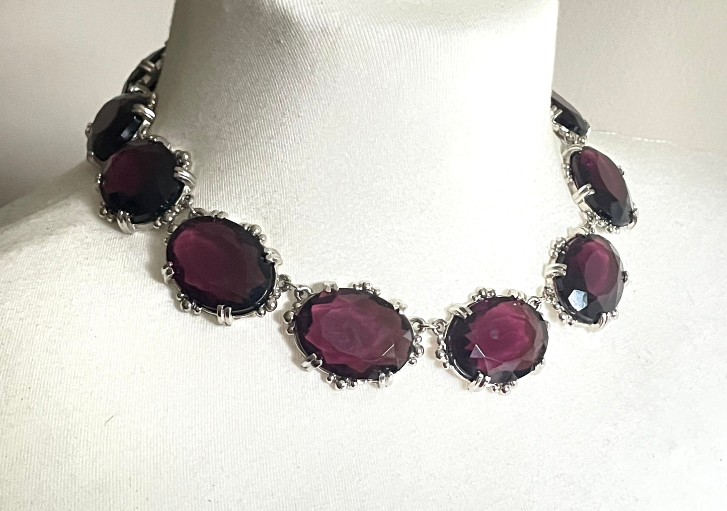 Vintage Sphinx amethyst purple glass riviere necklace & removable brooch / pendant, bezel set, open-backed rhinestones in ornate silver tone settings