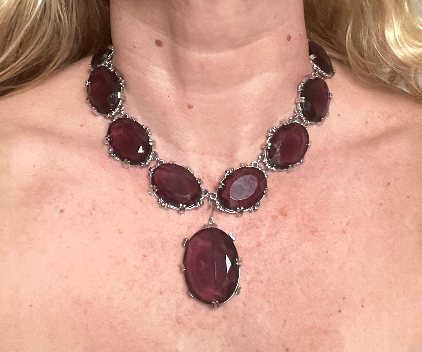 Vintage Sphinx amethyst purple glass riviere necklace & removable brooch / pendant, bezel set, open-backed rhinestones in ornate silver tone settings