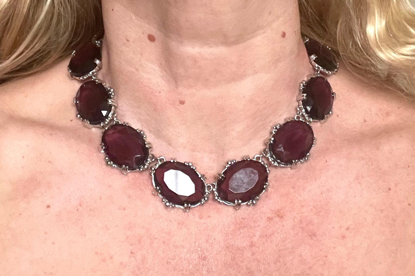 Vintage Sphinx amethyst purple glass riviere necklace & removable brooch / pendant, bezel set, open-backed rhinestones in ornate silver tone settings