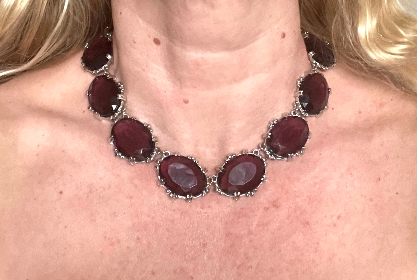 Vintage Sphinx amethyst purple glass riviere necklace & removable brooch / pendant, bezel set, open-backed rhinestones in ornate silver tone settings
