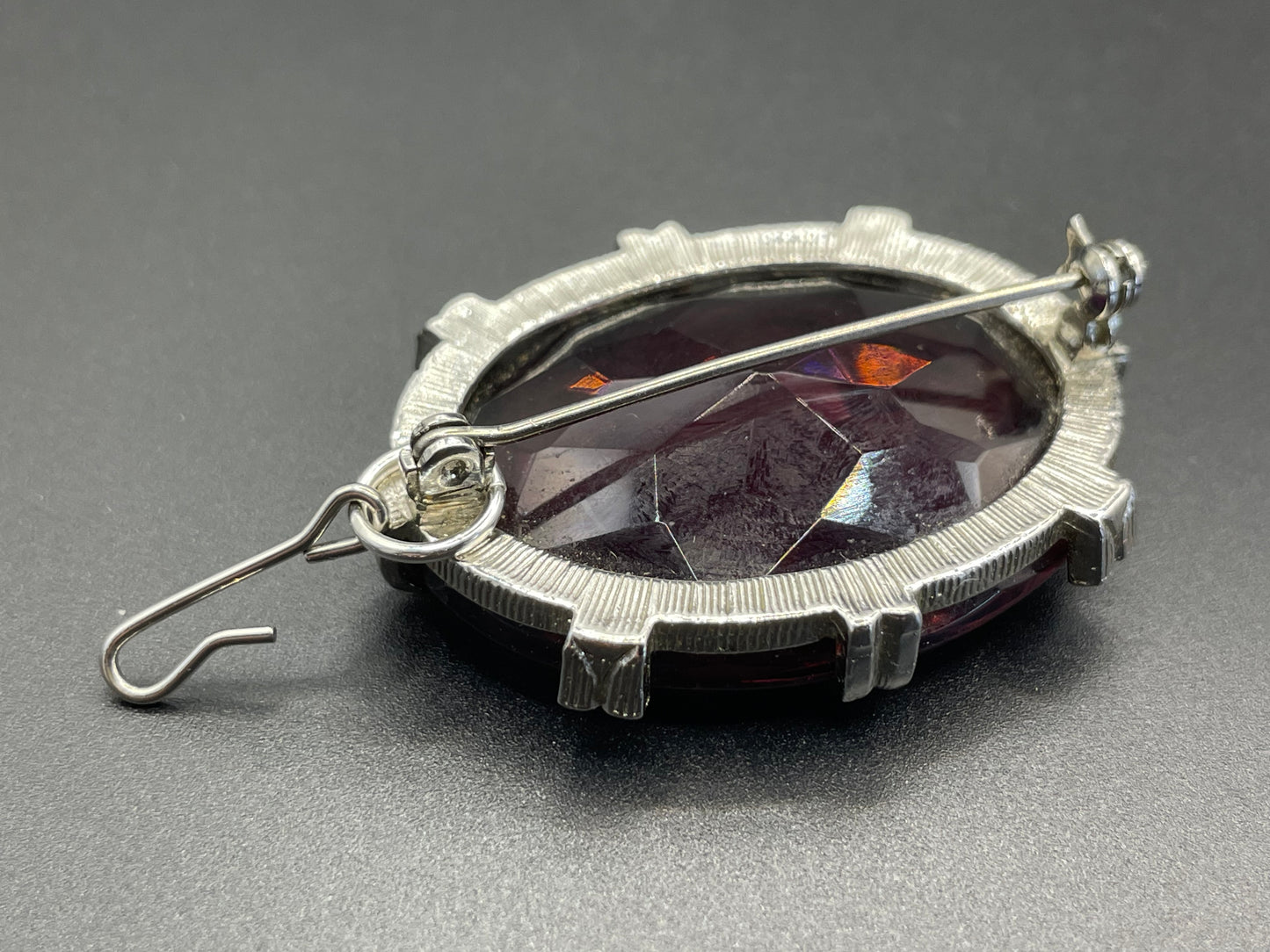Vintage Sphinx amethyst purple glass riviere necklace & removable brooch / pendant, bezel set, open-backed rhinestones in ornate silver tone settings