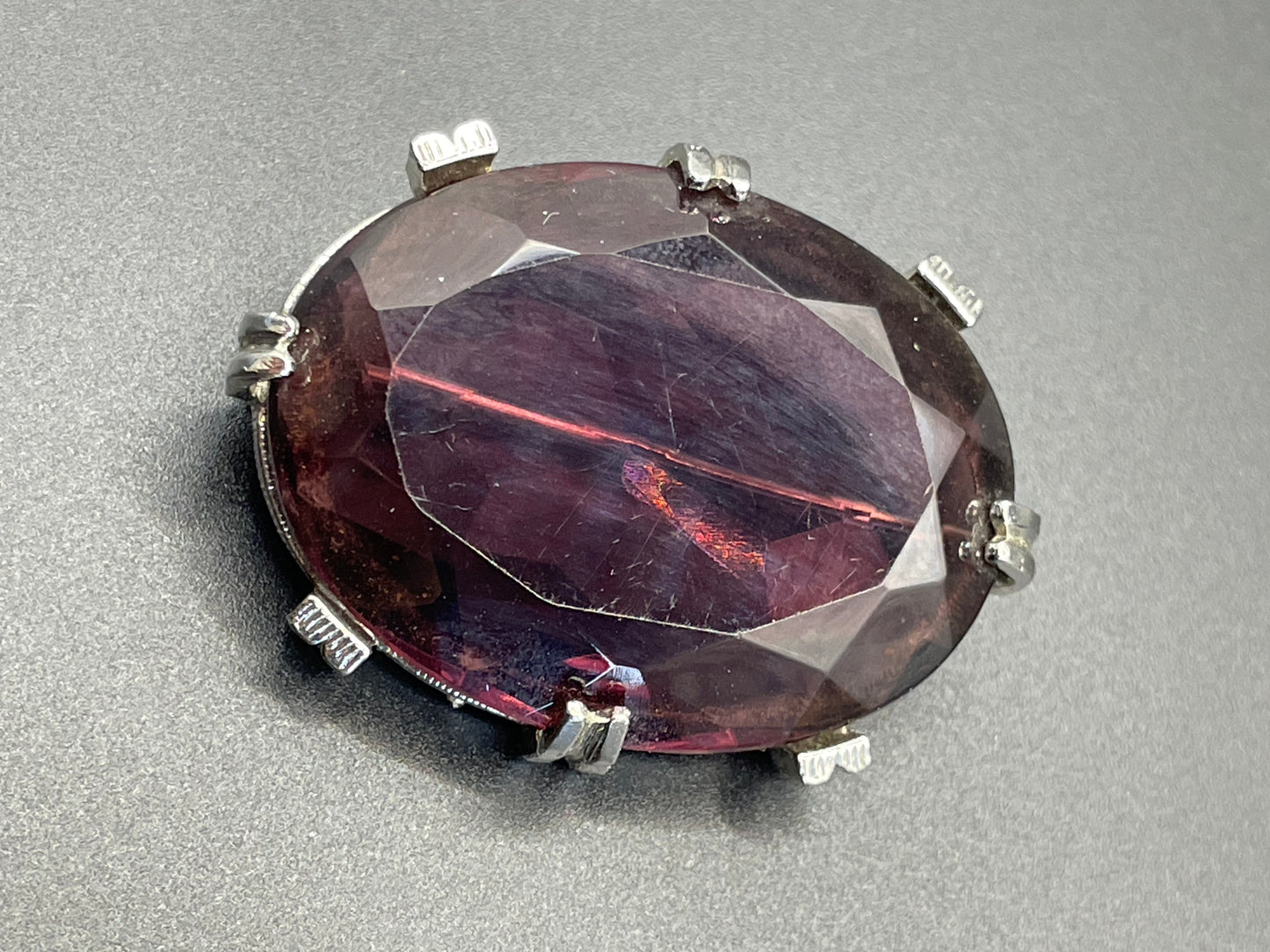 Vintage Sphinx amethyst purple glass riviere necklace & removable brooch / pendant, bezel set, open-backed rhinestones in ornate silver tone settings