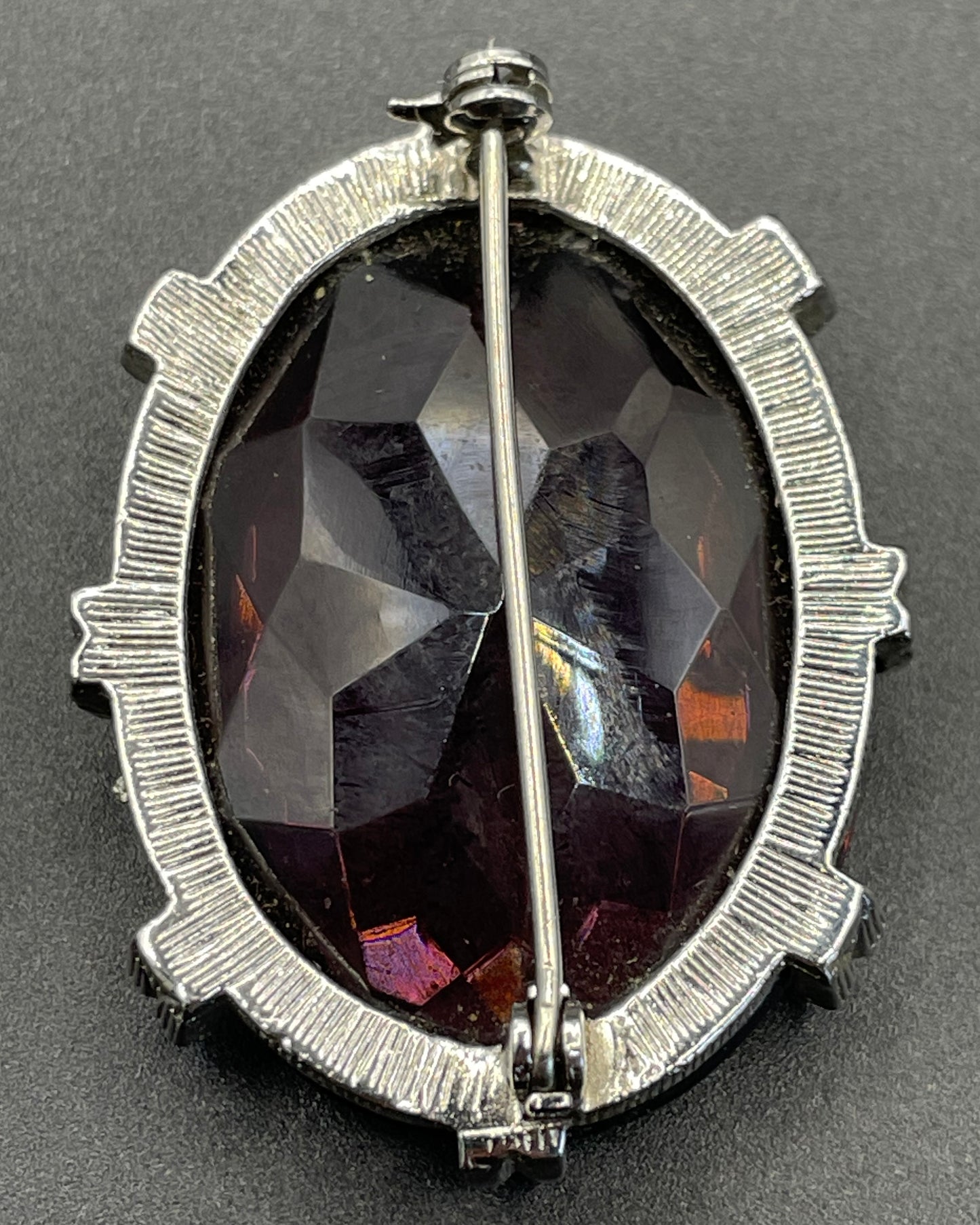Vintage Sphinx amethyst purple glass riviere necklace & removable brooch / pendant, bezel set, open-backed rhinestones in ornate silver tone settings