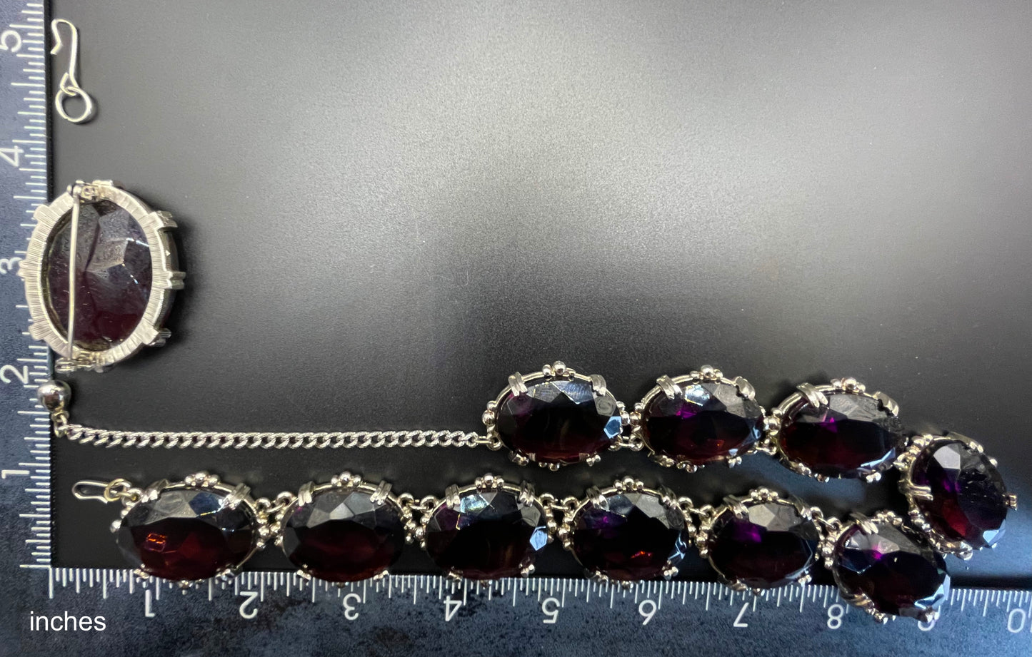 Vintage Sphinx amethyst purple glass riviere necklace & removable brooch / pendant, bezel set, open-backed rhinestones in ornate silver tone settings