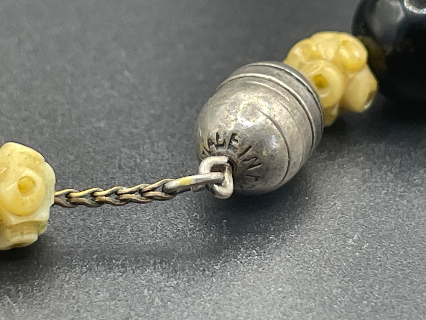 Vintage Louis Rousselet Art Deco carved cream galalith & black glass large bead necklace, beehive clasp 'Made in France', foxtail chain