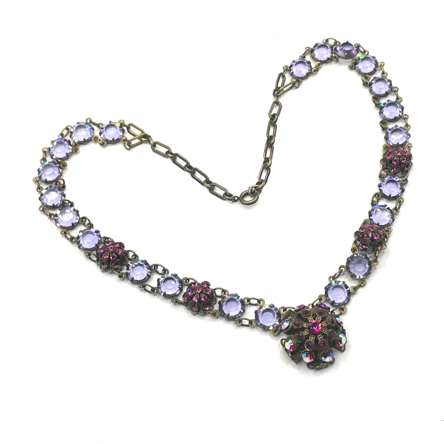 Vintage Art Deco style amethyst purple, pink and violet glass riviere necklace, with bezel set, open backed crystals & rhinestone panels