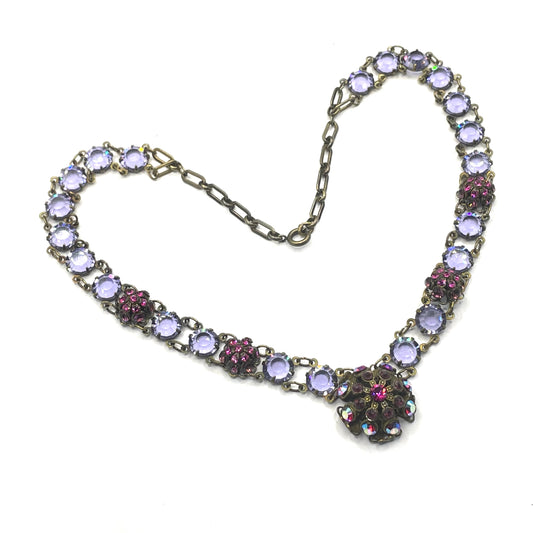 Vintage Art Deco style amethyst purple, pink and violet glass riviere necklace, with bezel set, open backed crystals & rhinestone panels