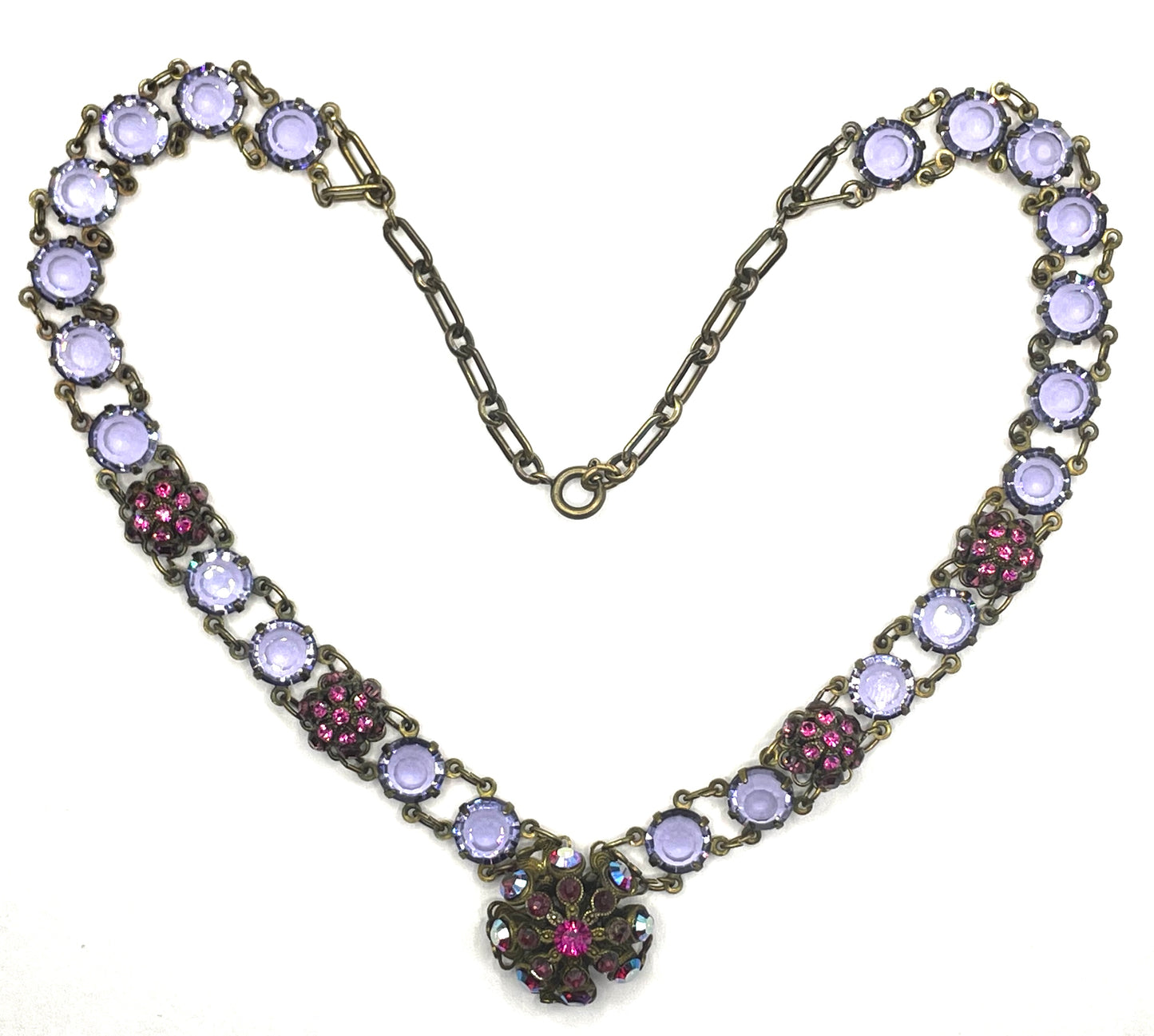 Vintage Art Deco style amethyst purple, pink and violet glass riviere necklace, with bezel set, open backed crystals & rhinestone panels
