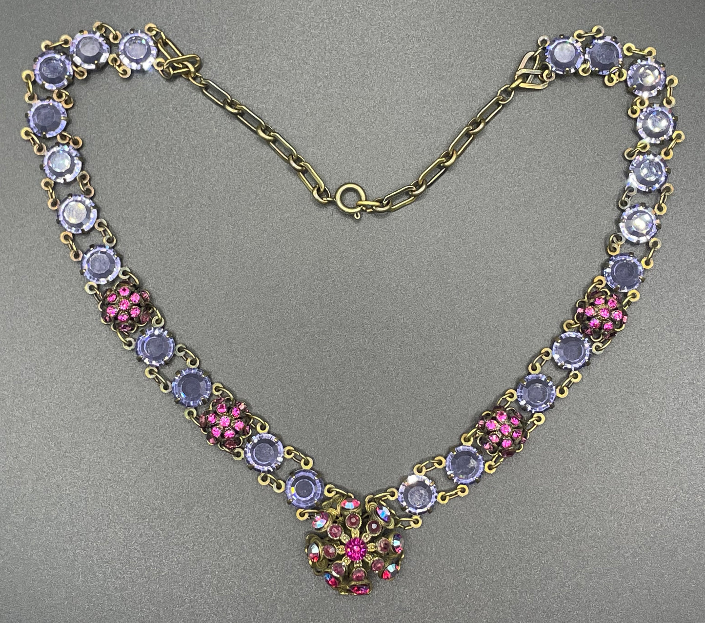 Vintage Art Deco style amethyst purple, pink and violet glass riviere necklace, with bezel set, open backed crystals & rhinestone panels