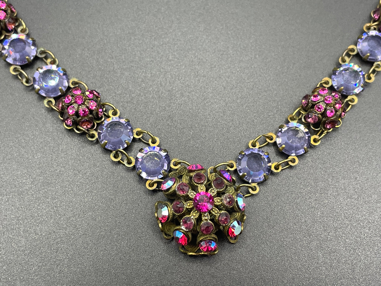 Vintage Art Deco style amethyst purple, pink and violet glass riviere necklace, with bezel set, open backed crystals & rhinestone panels