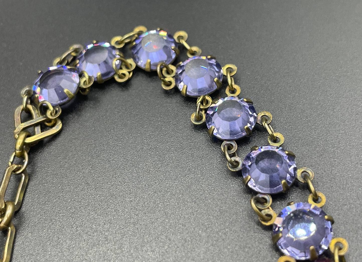 Vintage Art Deco style amethyst purple, pink and violet glass riviere necklace, with bezel set, open backed crystals & rhinestone panels
