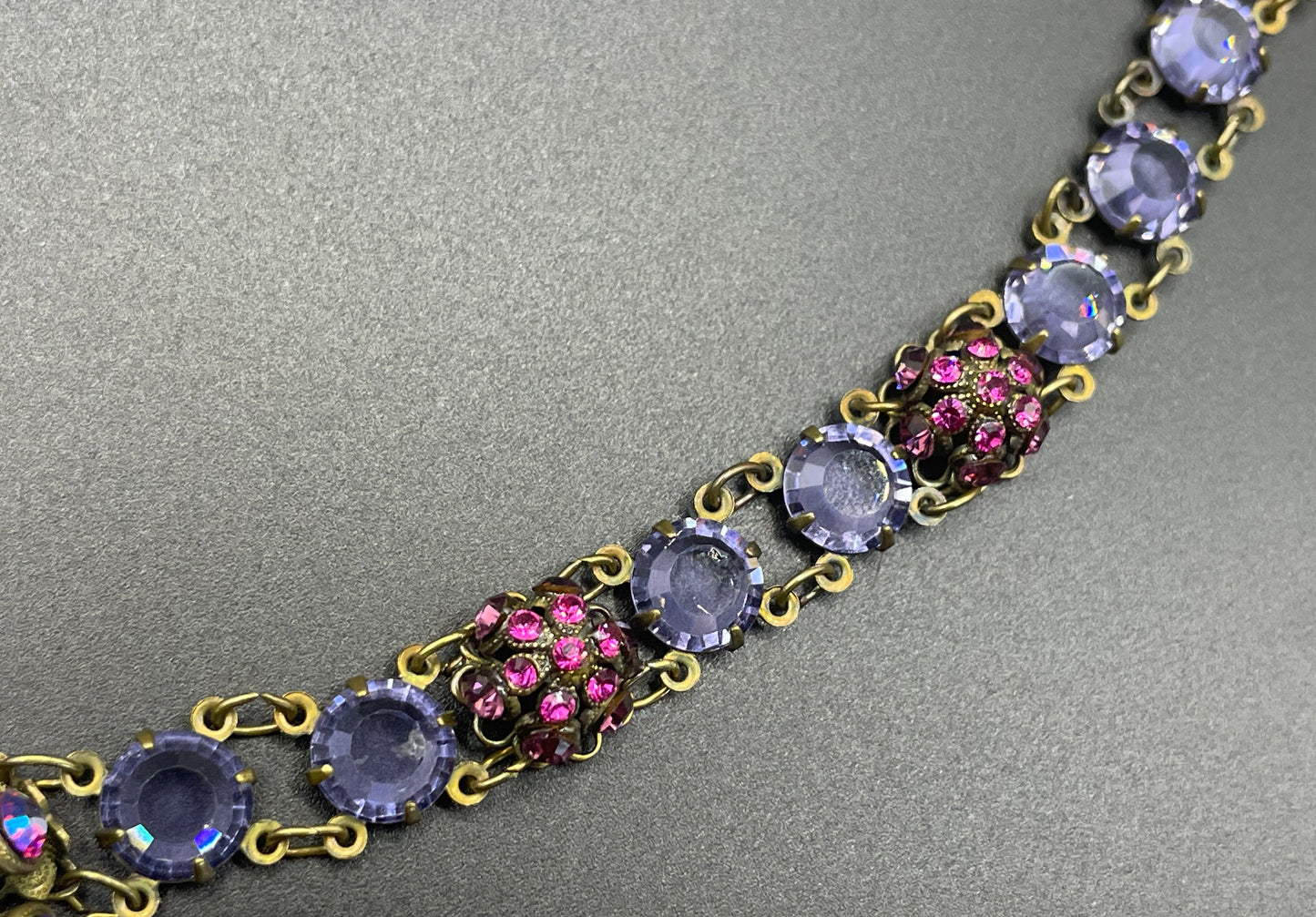 Vintage Art Deco style amethyst purple, pink and violet glass riviere necklace, with bezel set, open backed crystals & rhinestone panels