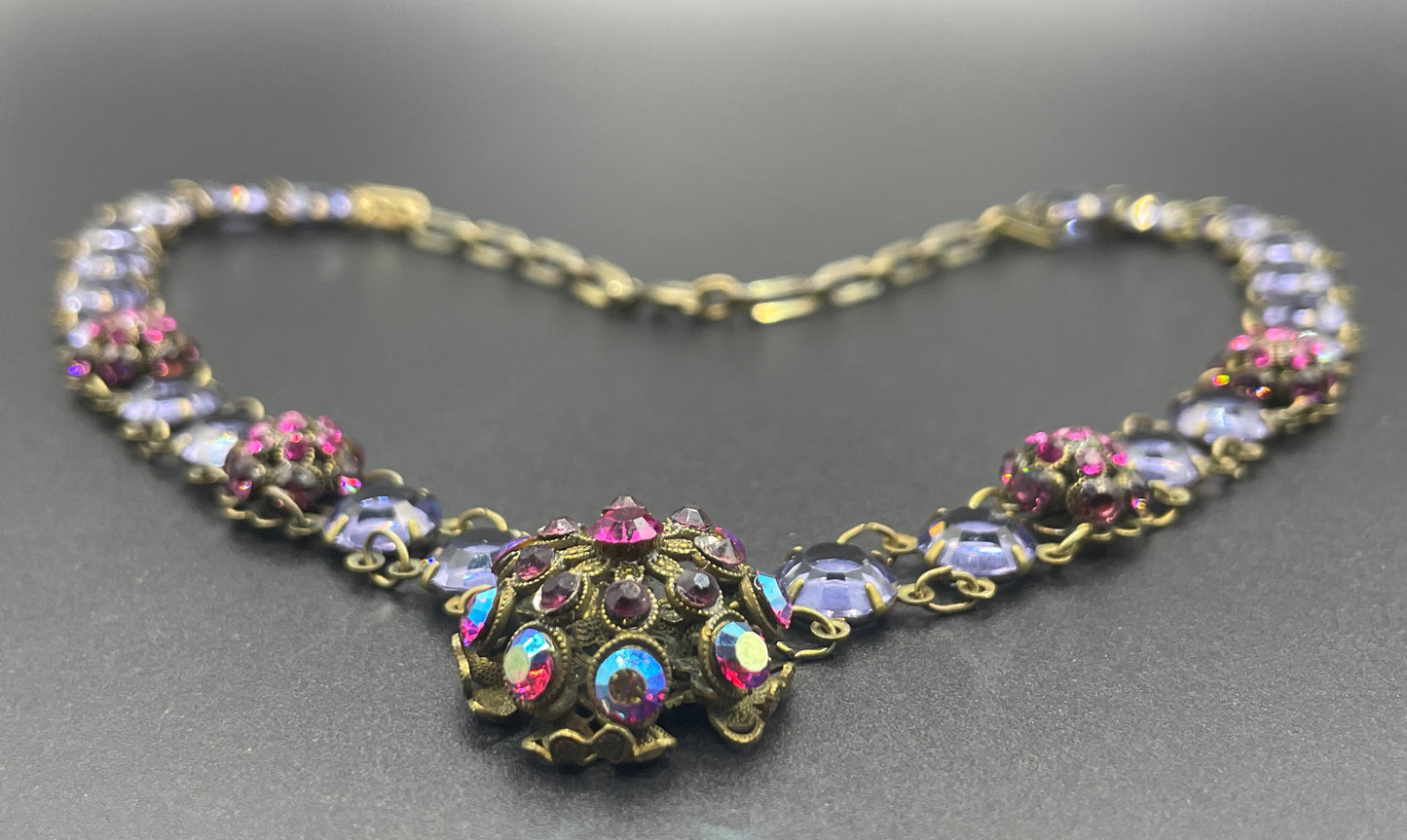 Vintage Art Deco style amethyst purple, pink and violet glass riviere necklace, with bezel set, open backed crystals & rhinestone panels