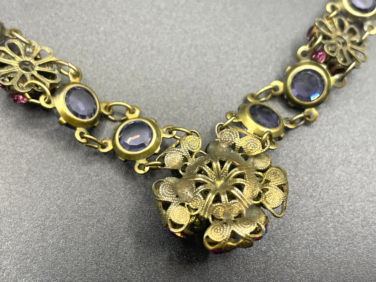 Vintage Art Deco style amethyst purple, pink and violet glass riviere necklace, with bezel set, open backed crystals & rhinestone panels