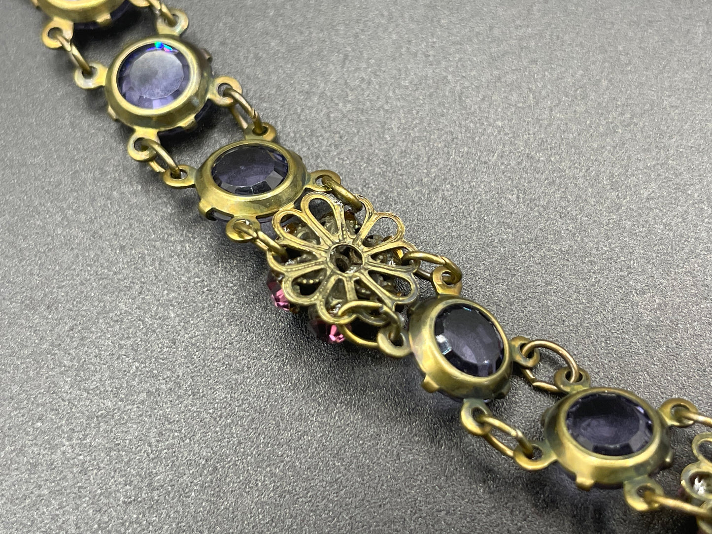 Vintage Art Deco style amethyst purple, pink and violet glass riviere necklace, with bezel set, open backed crystals & rhinestone panels