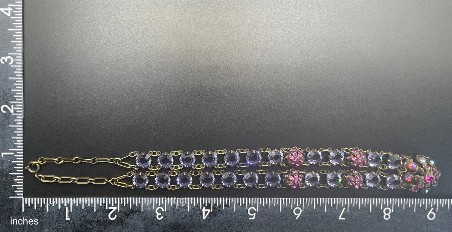 Vintage Art Deco style amethyst purple, pink and violet glass riviere necklace, with bezel set, open backed crystals & rhinestone panels