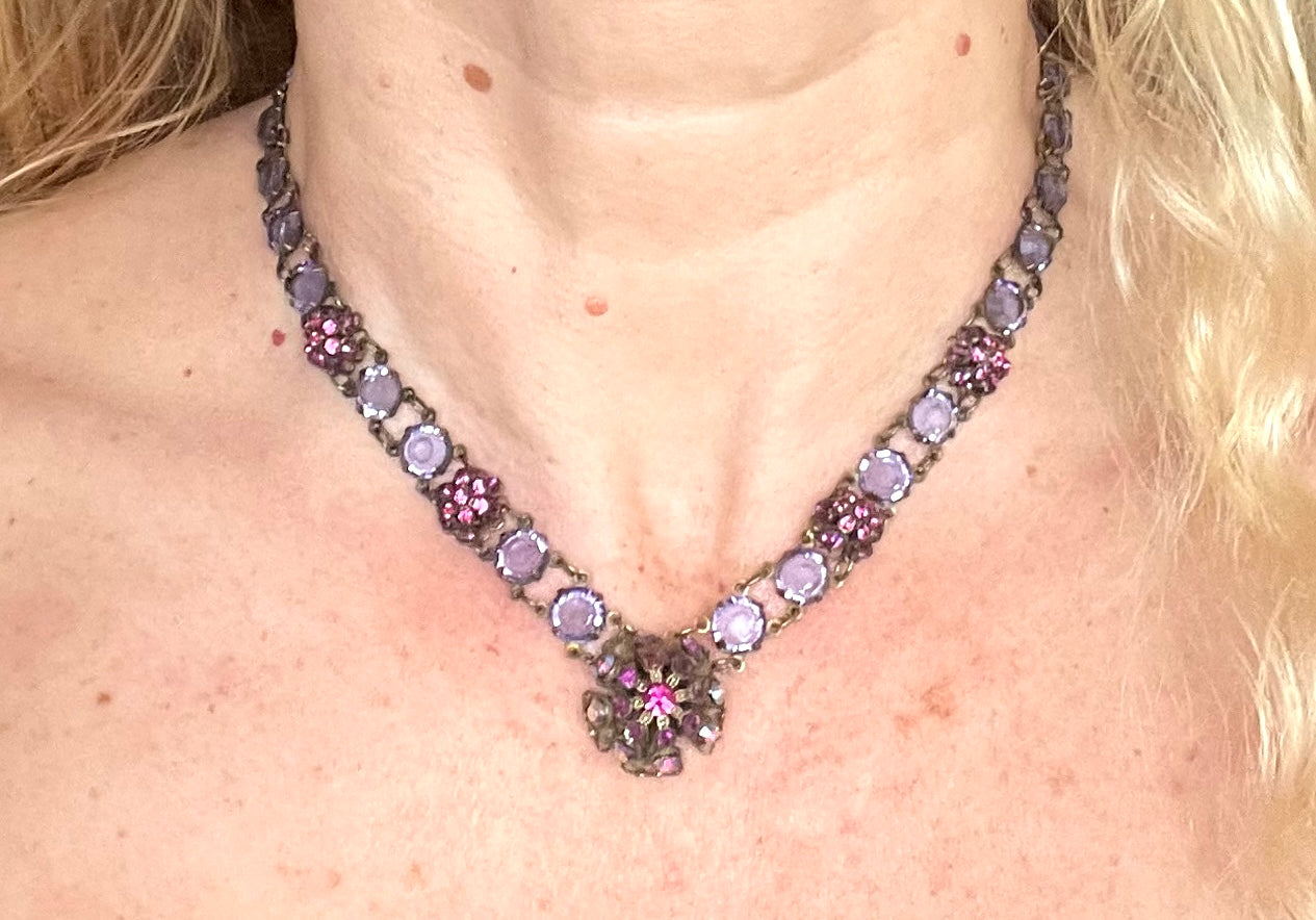 Vintage Art Deco style amethyst purple, pink and violet glass riviere necklace, with bezel set, open backed crystals & rhinestone panels