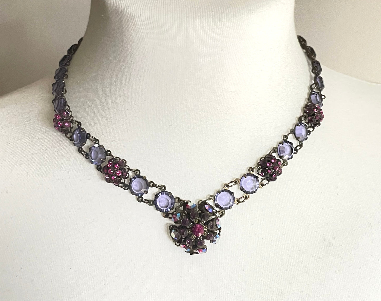 Vintage Art Deco style amethyst purple, pink and violet glass riviere necklace, with bezel set, open backed crystals & rhinestone panels