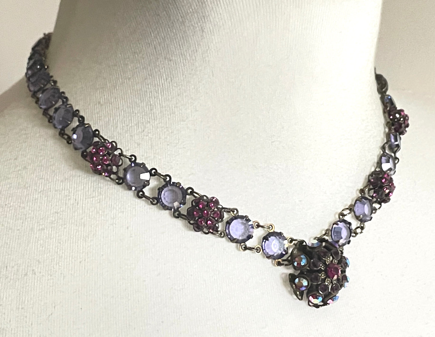 Vintage Art Deco style amethyst purple, pink and violet glass riviere necklace, with bezel set, open backed crystals & rhinestone panels