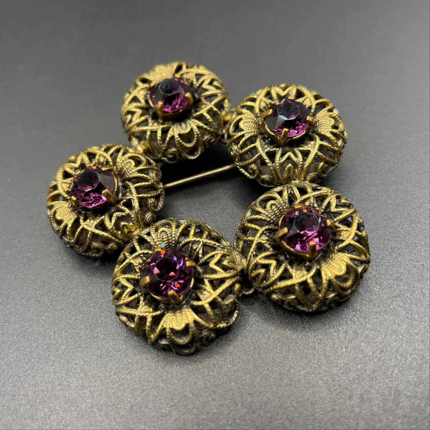 Large vintage amethyst purple paste 1930s Czech Art Deco rhinestone floral brooch with gold tone filigree