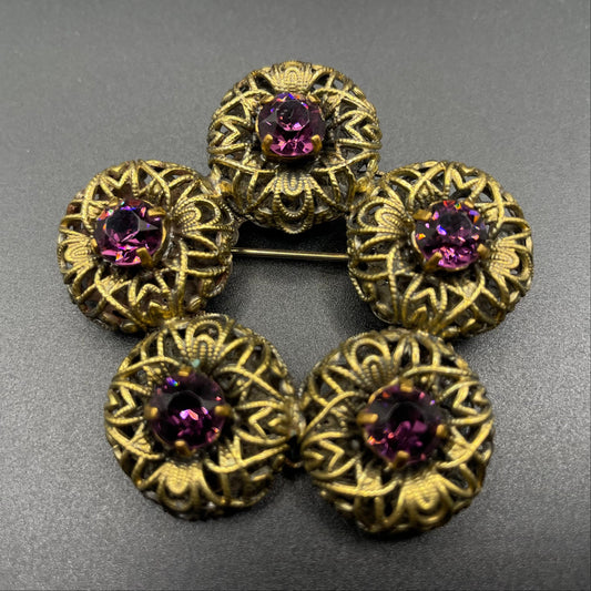 Large vintage amethyst purple paste 1930s Czech Art Deco rhinestone floral brooch with gold tone filigree