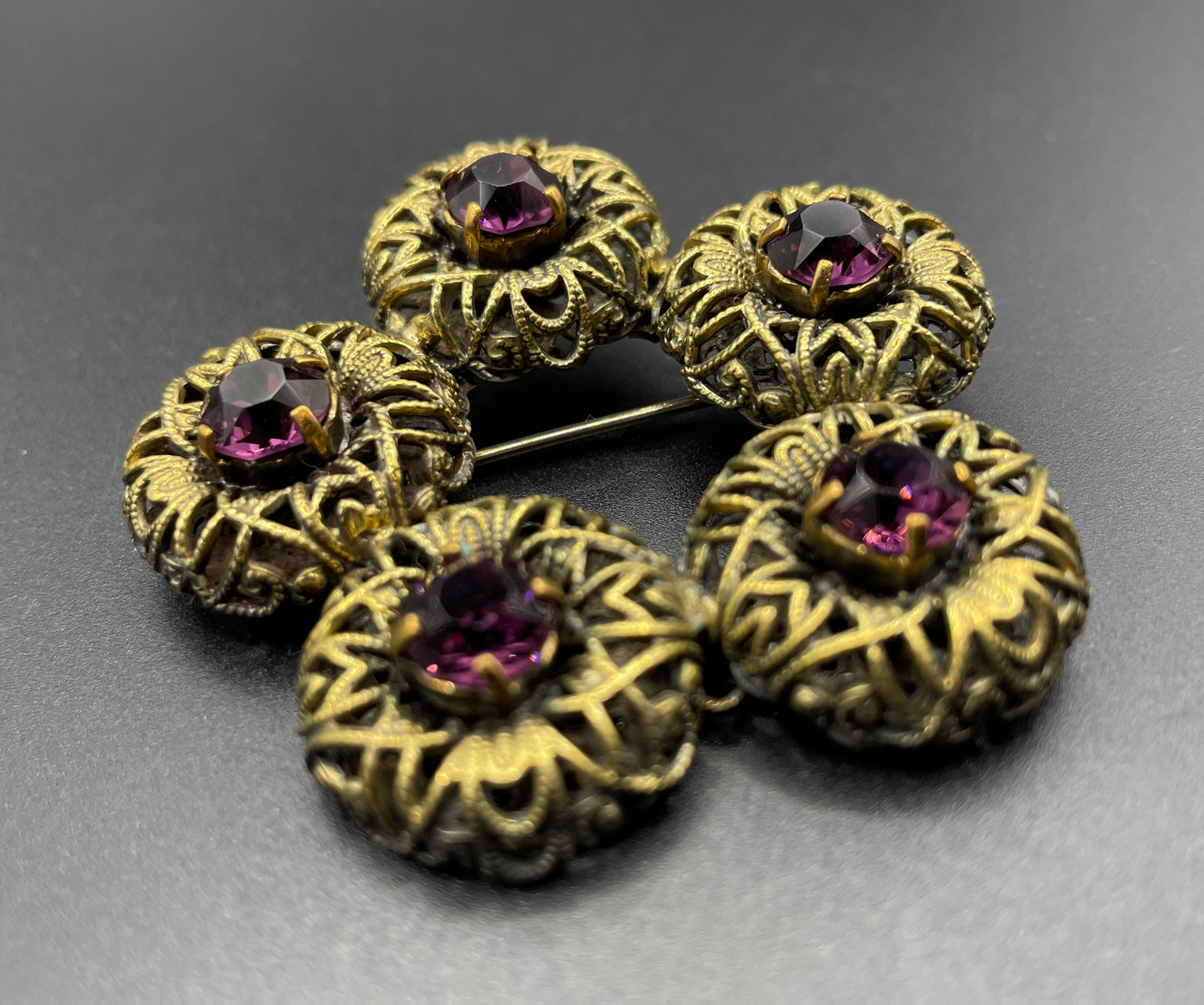 Large vintage amethyst purple paste 1930s Czech Art Deco rhinestone floral brooch with gold tone filigree