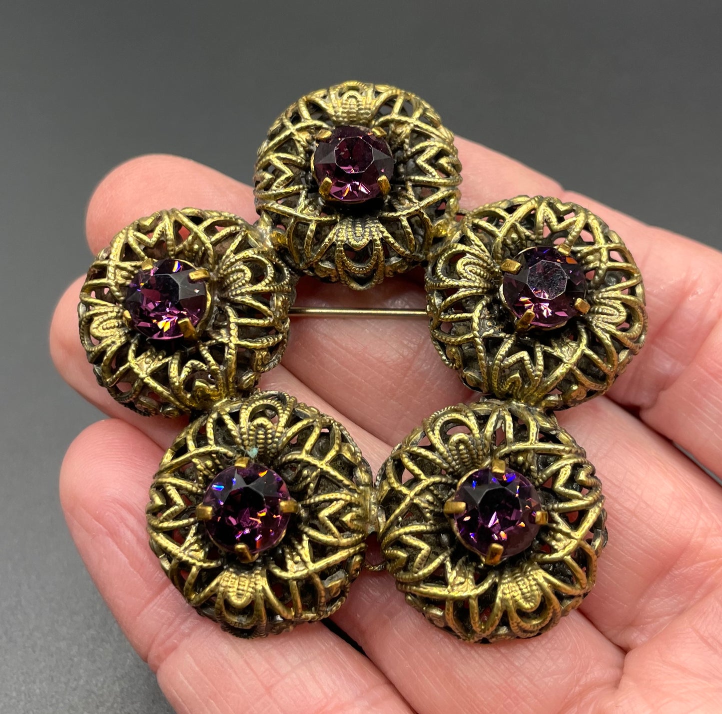 Large vintage amethyst purple paste 1930s Czech Art Deco rhinestone floral brooch with gold tone filigree