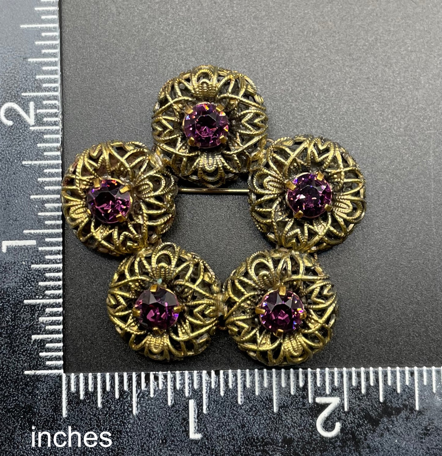 Large vintage amethyst purple paste 1930s Czech Art Deco rhinestone floral brooch with gold tone filigree