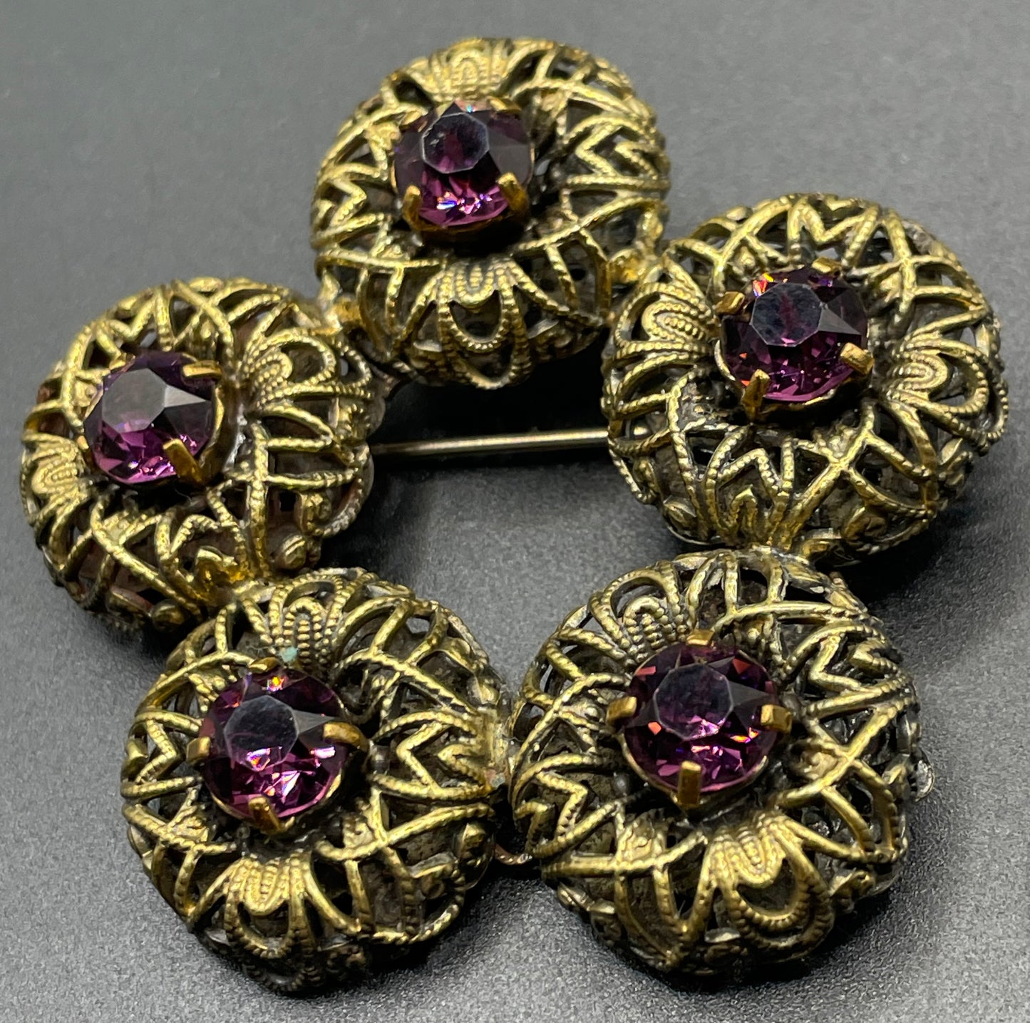 Large vintage amethyst purple paste 1930s Czech Art Deco rhinestone floral brooch with gold tone filigree