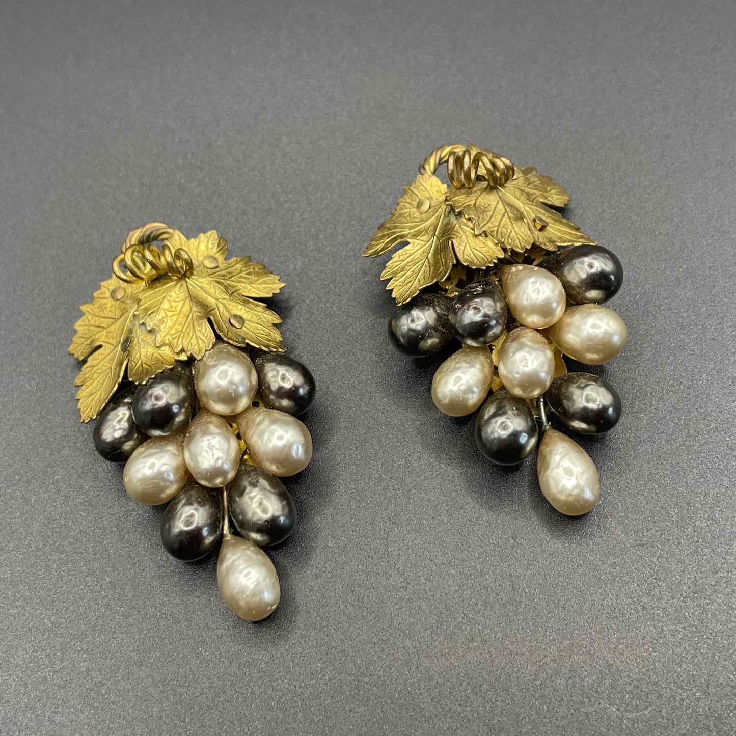 Vintage Louis Rousselet pair of Art Deco black & white glass baroque pearl gold tone bunch of grapes dress clips, both clips included