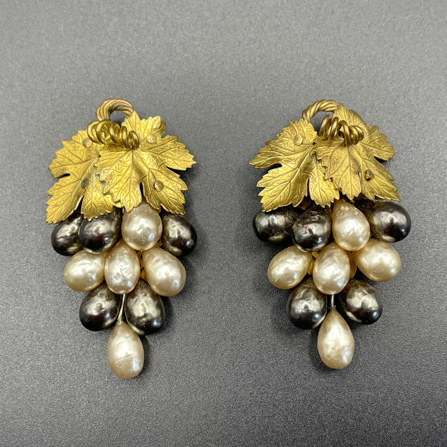 Vintage Louis Rousselet pair of Art Deco black & white glass baroque pearl gold tone bunch of grapes dress clips, both clips included