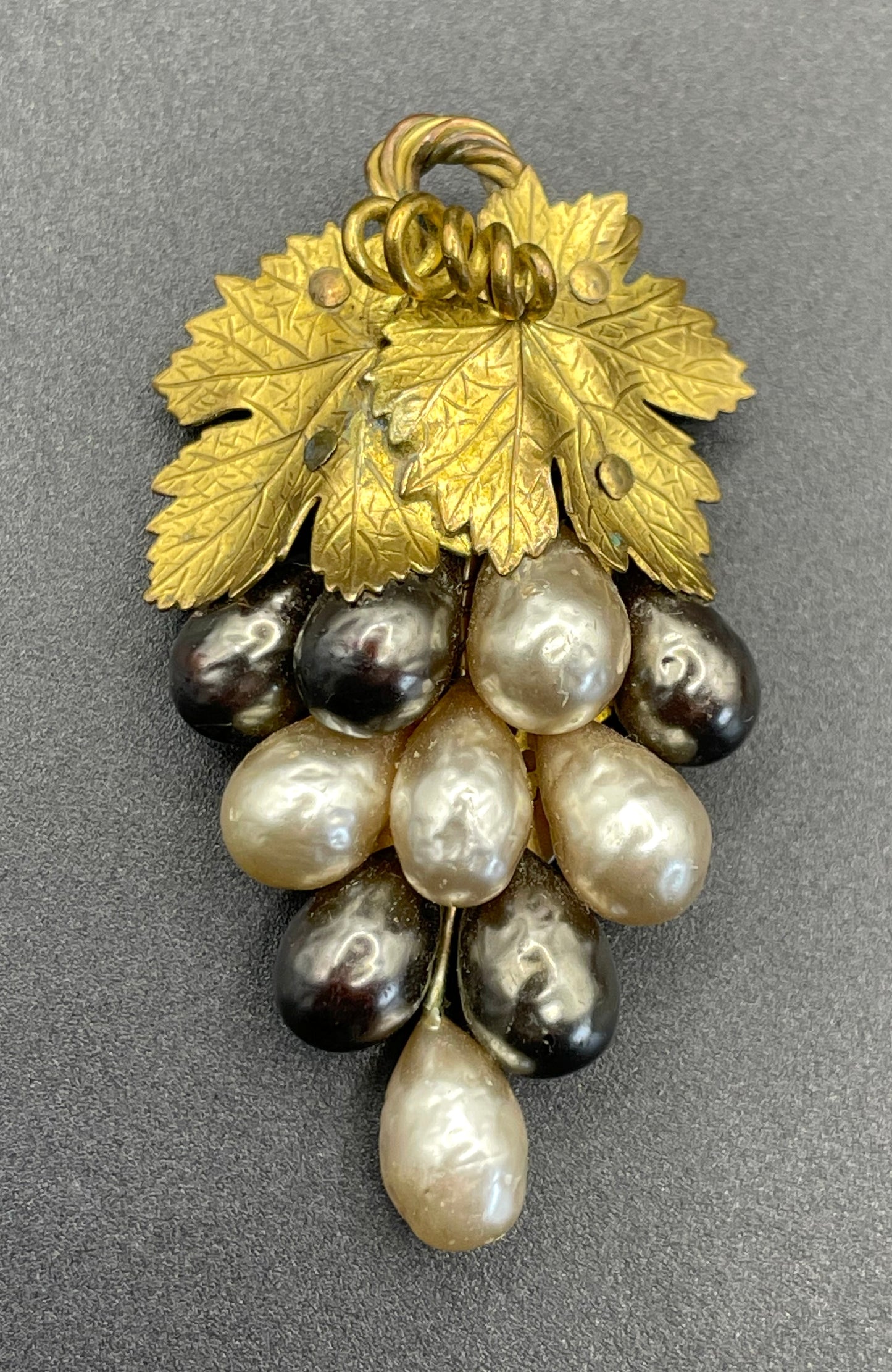 Vintage Louis Rousselet pair of Art Deco black & white glass baroque pearl gold tone bunch of grapes dress clips, both clips included
