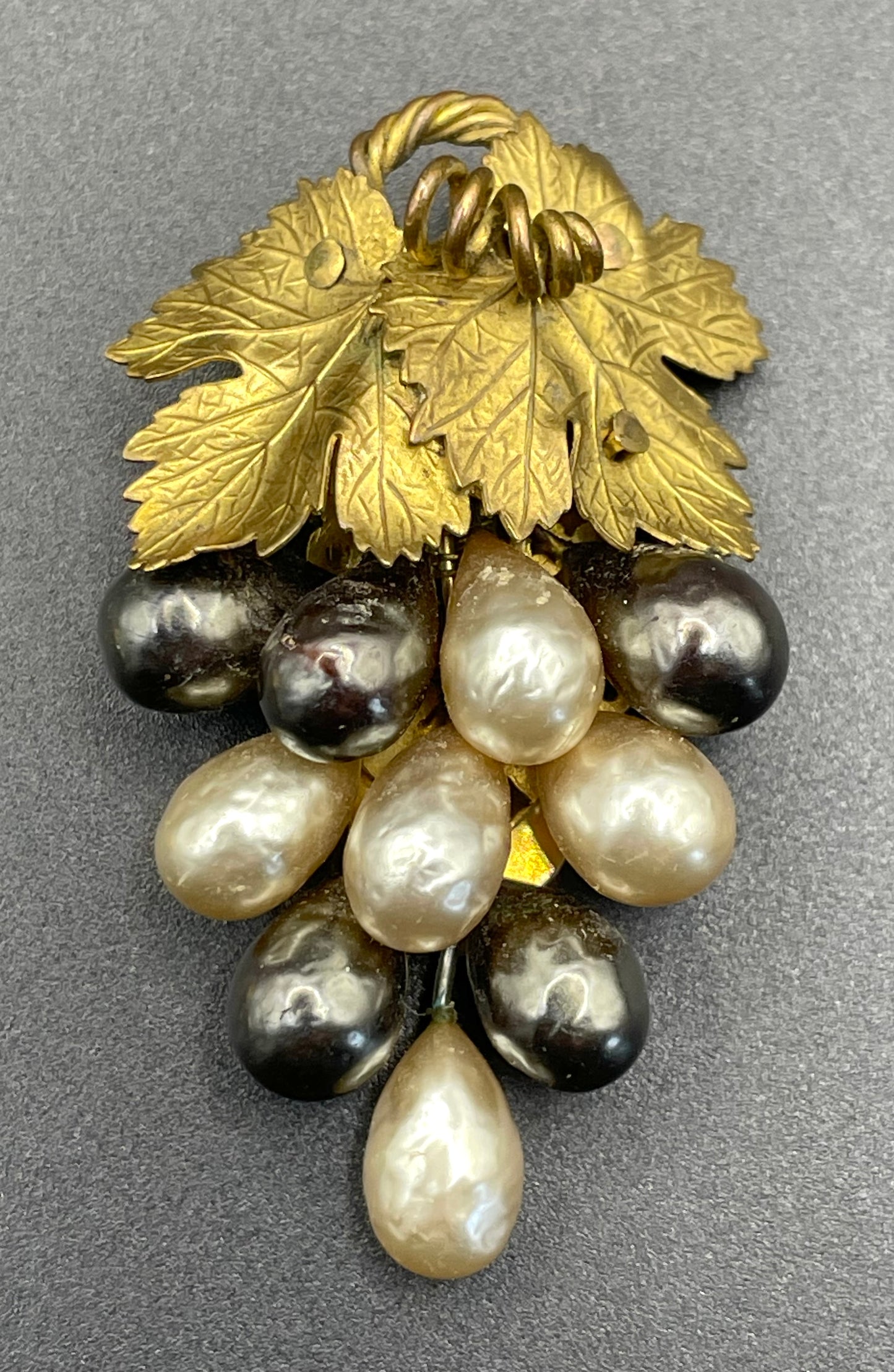 Vintage Louis Rousselet pair of Art Deco black & white glass baroque pearl gold tone bunch of grapes dress clips, both clips included