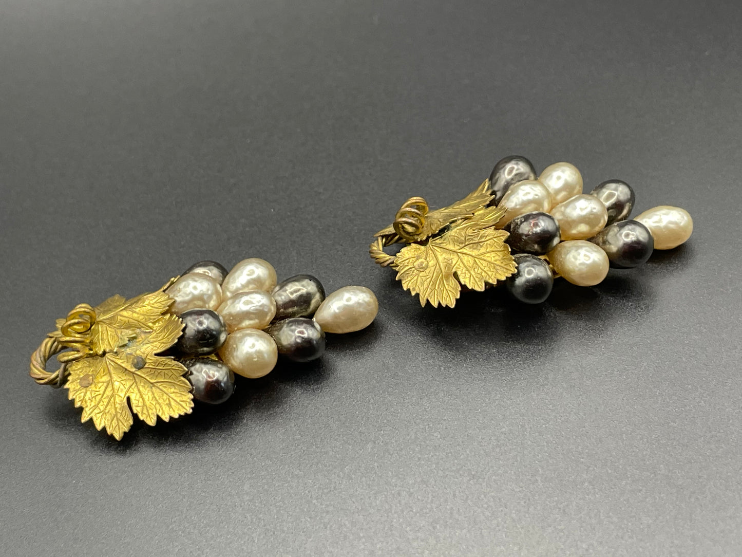 Vintage Louis Rousselet pair of Art Deco black & white glass baroque pearl gold tone bunch of grapes dress clips, both clips included