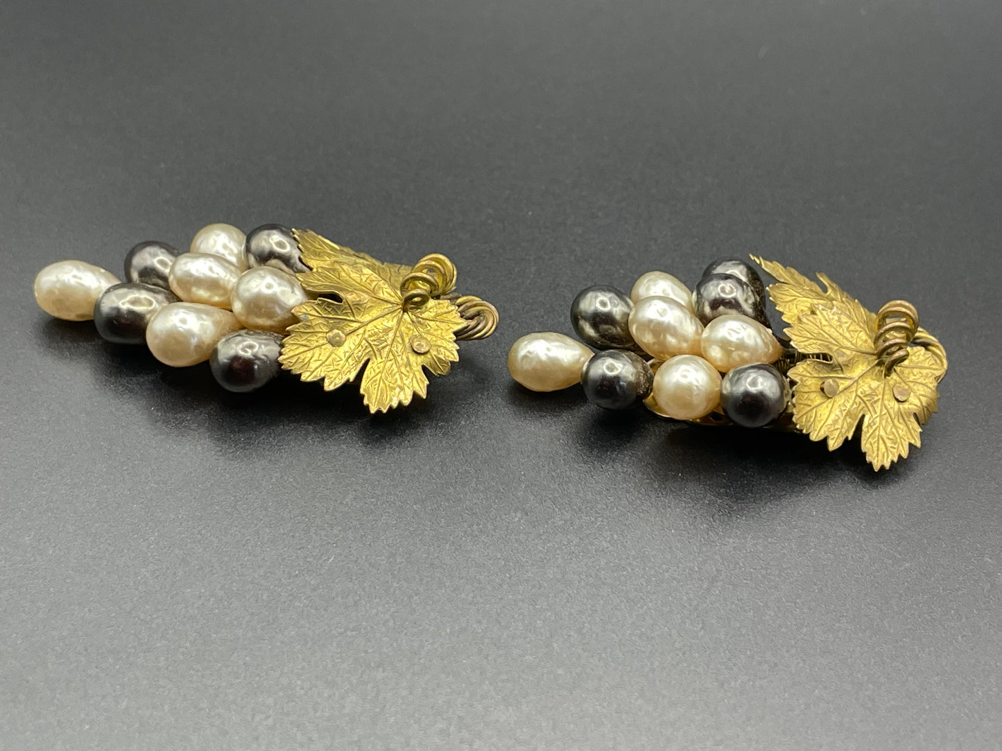 Vintage Louis Rousselet pair of Art Deco black & white glass baroque pearl gold tone bunch of grapes dress clips, both clips included