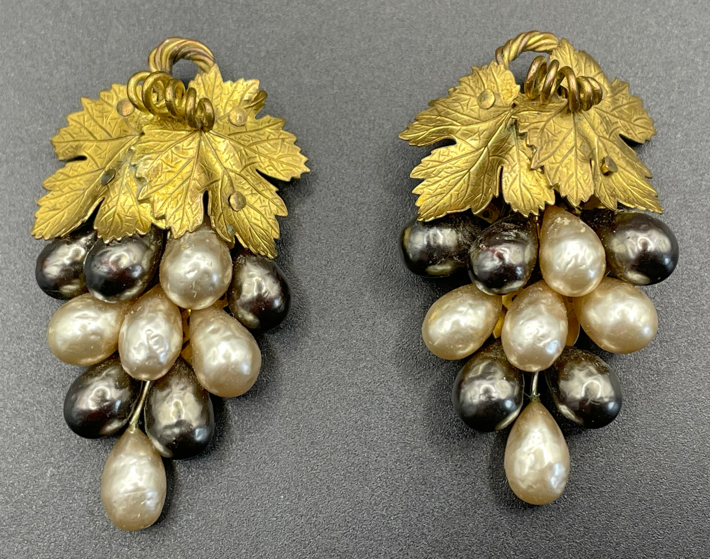Vintage Louis Rousselet pair of Art Deco black & white glass baroque pearl gold tone bunch of grapes dress clips, both clips included